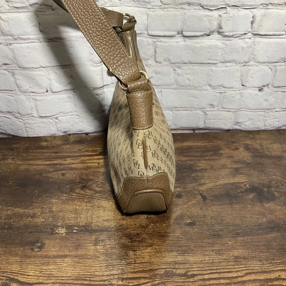 Dooney & Bourke Brown Tan All Weater Leather Signature Canvas Hobo Purse Bag